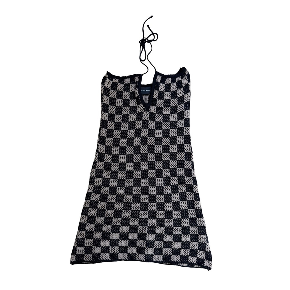 Miou Muse Checkered Crochet Halter Mini Dress Black Tan Boho Coastal Medium